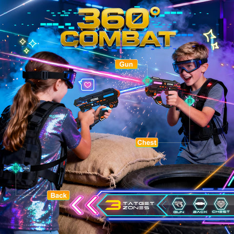VATOS Rechargeable Laser Tag Set of 4 Players, 360° Sensors, 2.4GHz Infrared, Real-Time Data Display
