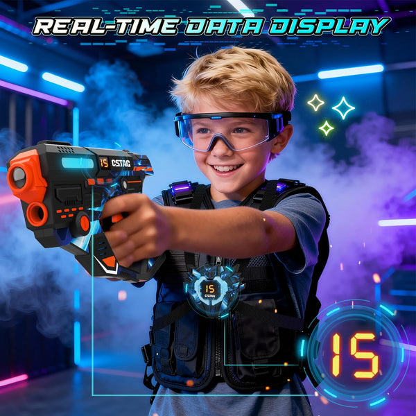 VATOS Rechargeable Laser Tag Set of 4 Players, 360° Sensors, 2.4GHz Infrared, Real-Time Data Display