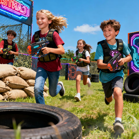VATOS Rechargeable Laser Tag Set of 4 Players, 360° Sensors, 2.4GHz Infrared, Real-Time Data Display