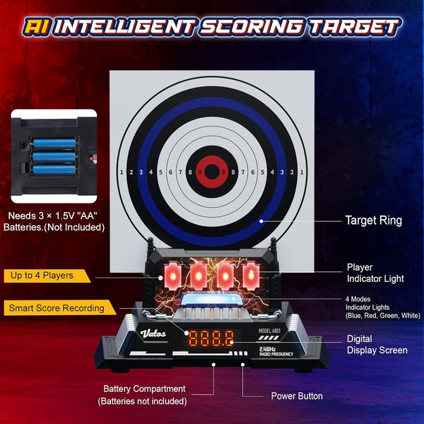 Smart Electronic Shooting Game Set with Auto-Scoring Target Base and Rechargeable Gun, Real-Time Voice Feedback, 4 Shooting Modes, Indoor Outdoor Toy for Teens Adults Family Party
