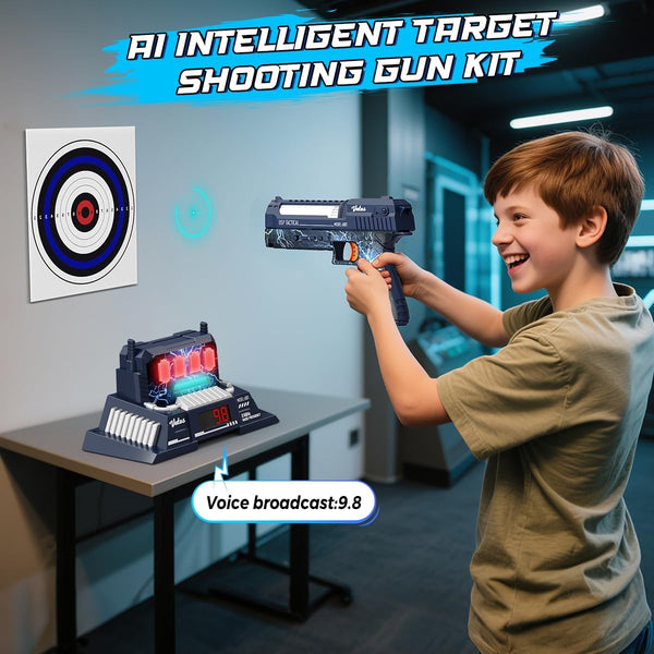Smart Electronic Shooting Game Set, 2.4GHz Rechargeable Toy Gun with Auto-Scoring Target and Real-Time Voice Feedback, 4 Game Modes, Indoor and Outdoor Shooting Game Toy for Kids Age 10+, Teens