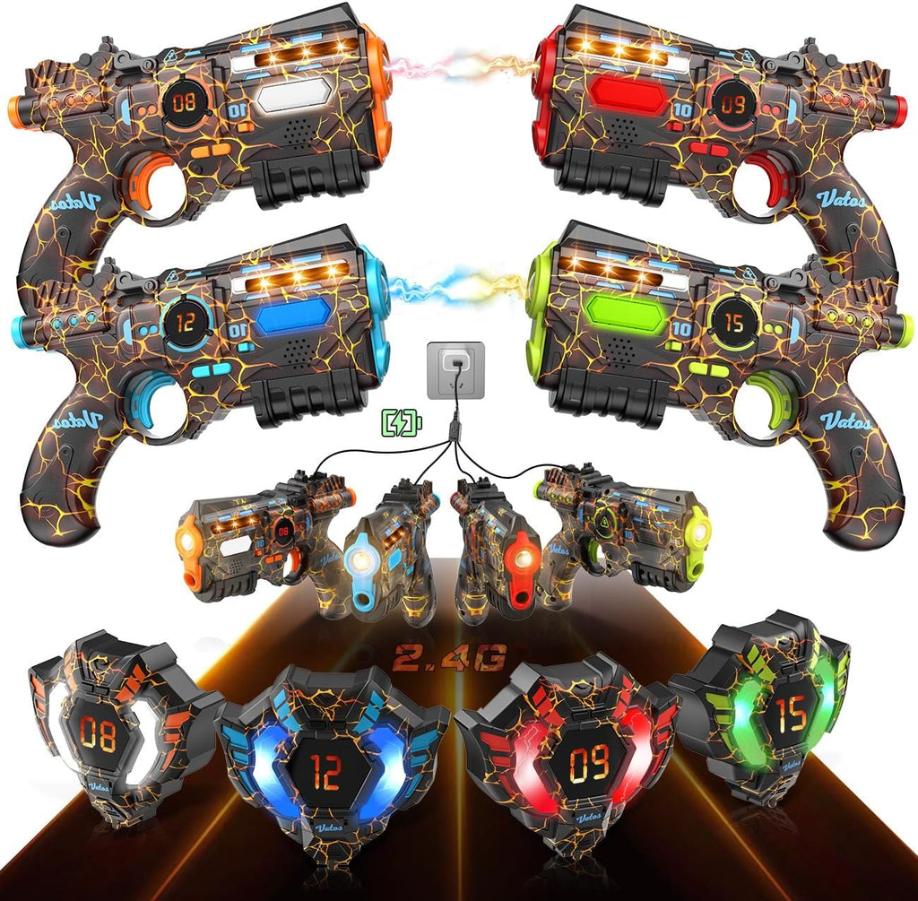 Rechargeable Laser Tag Set of 4 Player - 2.4GHz Data Fully SYNC 4 Gun & 4 Vest Sensors - Cool Birthday Toys & Ideas Laser Tag Gun for Kids Teen Adults for Outdoor Family Activities